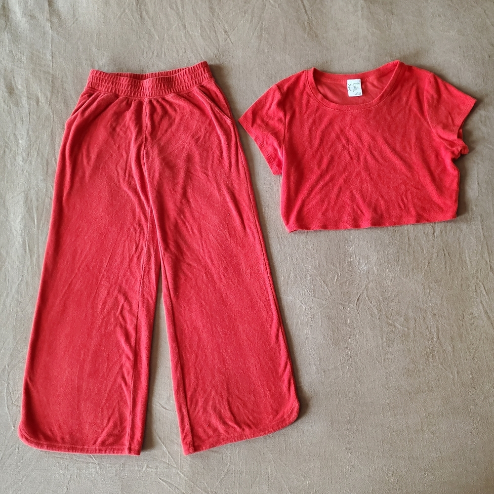 aerie Wide Leg Lounge Pants Set in Red